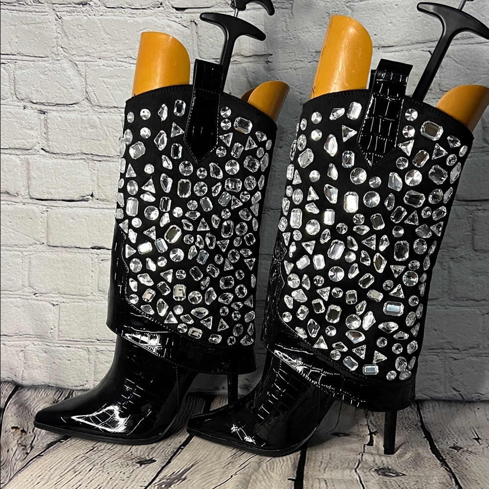 Lauren Lorraine Hana Black and Silver Embellished Heeled Boots - Picture 4 of 11